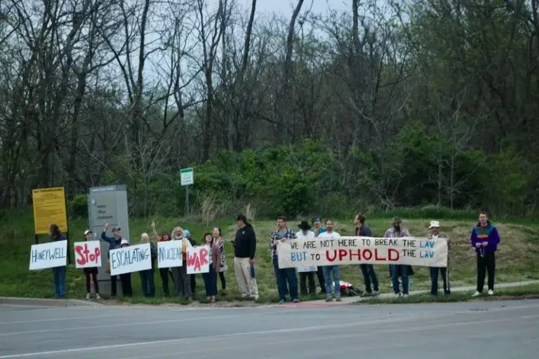 About 50 persons joined the April 15 protest against nuclear weapon-making in Kansas City.